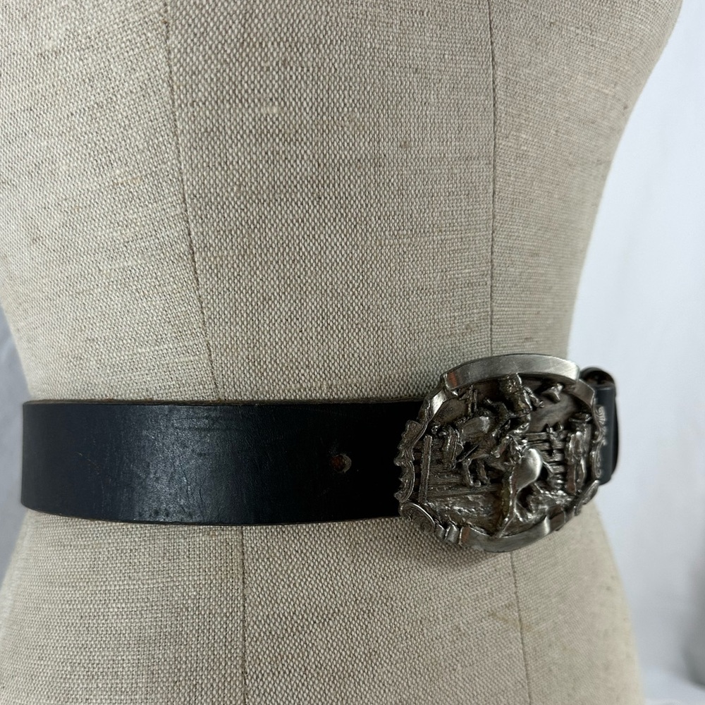 Vintage Bergamot Brass Works 1981 Rodeo cowboys belt buckle and black belt  38 - Picture 11 of 11